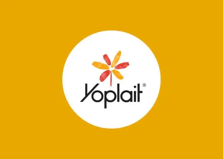 Yoplait logo. An orange and red watercolor flower with the text "Yoplait" below.