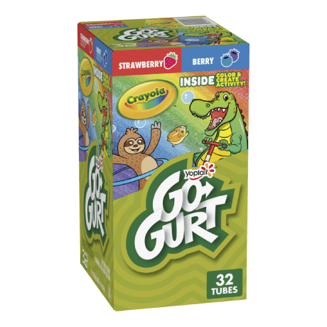 Yoplait Go-GURT 32 Count Strawberry & Berry Kids Yogurt Tubes, front of product.